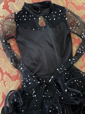 Girls Ballroom Black Sequin Mesh Sleeve Ballroom Dance Dress Size 10 NWOT